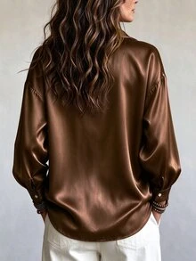 SHEIN Holidaya 復古咖啡色翻領女式襯衫 垂墜寬鬆落肩長袖上衣 優雅通勤上衣 - 棕色 - 查看 2