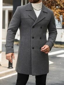 Manfinity Mode 男士灰色秋冬百搭成熟商務休閒雙排扣混紡羊毛大衣，適用居家、通勤與戶外 - 灰色 - 查看 1