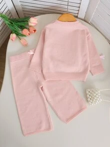 SHEIN 新生女嬰粉色針織套裝，毛衣開襟衫與套頭上衣，蝴蝶結裝飾，寬腿鬆身長褲套裝，適合秋冬，可愛舒適時尚 - 粉色 - 查看 2
