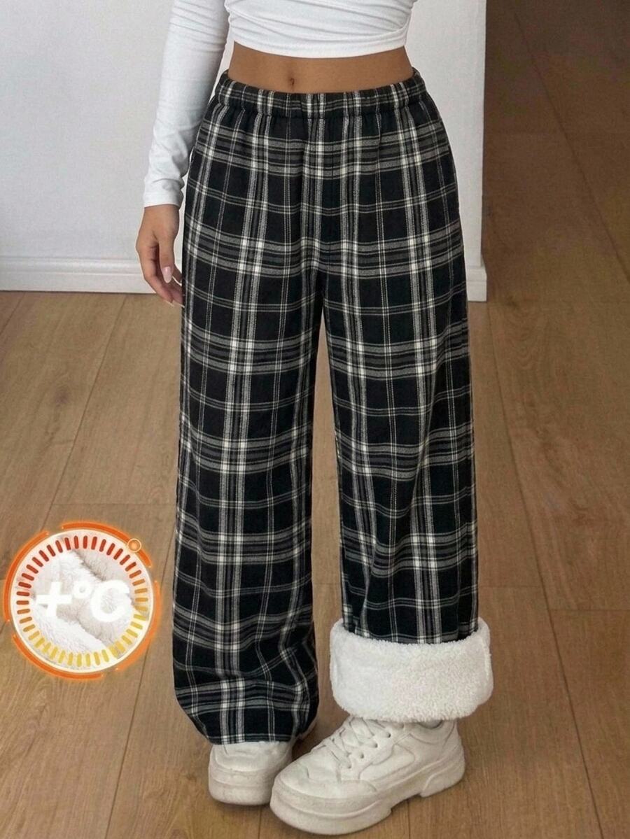 SHEIN Teen Girl Black & White Plaid Casual Commute Thermal Lined Wide Leg Long Pants - Black and White - View 1