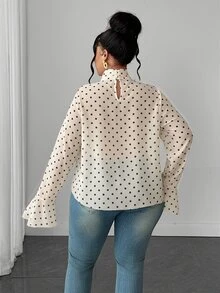 Maweii Plus Size Women's New Apricot Semi-Sheer Stand Collar Ruched Asymmetrical Flared Sleeve Chiffon Blouse, Loose Draped Fit, Stacked Stand Collar, Full Front Ruched Detail, Asymmetrical Hemline, Slightly Sheer Chiffon Flared Long Sleeves, Hidden Mushroom Button Back Collar, Commute Chiffon Top, Workplace Date Atmosphere, Gentle Fairy Style, Spring Autumn Loose Fit - Apricot - View 6