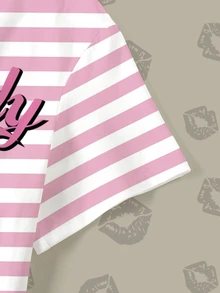 Betty Boop x SHEIN Plus Size Women's Striped Letter Cartoon Print Casual Daily Short Sleeve T-Shirt - White - View 5