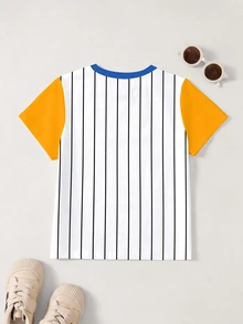 LOONEY TUNES X SHEIN 小男孩字母條紋印花圓領短袖休閒T恤 - 白色 - 查看 2