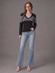 SHEIN Women's Chic Casual Daily Long Sleeve Black Cable Knit Top Sweater Slim Fit V-Neck Fall Winter Going Out Date Night Dinner - Dark Grey - View 4