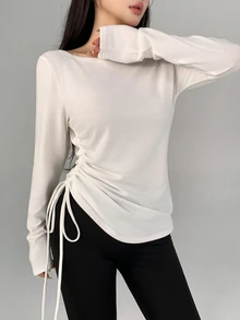 DAZY Women's Solid Color Pleated Casual Daily Travel Sports T-Shirt - White - View 1