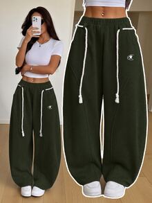 SHEIN PETITE 女款休閒星星印花口袋長褲 - 軍綠色 - 查看 1