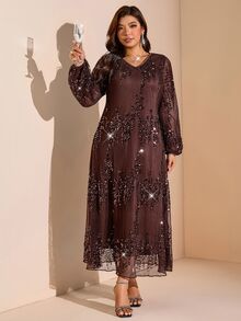 SHEIN LUNE Plus Size Women Solid Color Sequin V-Neck Lantern Sleeve Elegant Dress - Brown - View 6