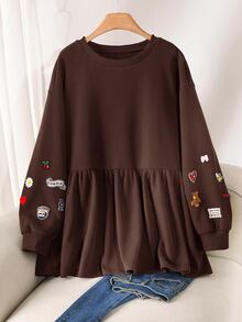 CosyJoli Plus Size Embroidered Fashion Ruffle Hem Crew Neck Sweatshirt Casual Cute Kawaii Back To School Sweatshirt For Women Autumn Daily Going Out Formal Party - Brown - View 7