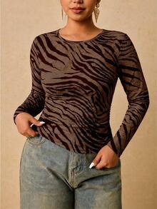 Travachic Plus Size Korean Style Zebra Print Long Sleeve T-Shirt - Multicolor - View 3