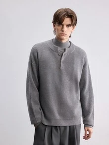 RONVEXI Men's Ribbed Minimalist Button Half-Placket Long Sleeve Sweater - Grey - View 6