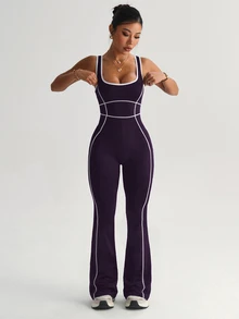 SHEIN Sports 女款瑜伽戶外健身連身褲，寬肩帶緊身顯瘦喇叭褲，對比色條紋設計 - Bold Plum - 查看 6