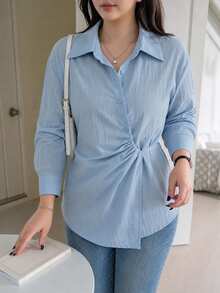Dazy Plus Solid Color Casual Lapel Tie Design Blue Office Commute Shirt, Spring/Autumn New Style - Blue - View 3