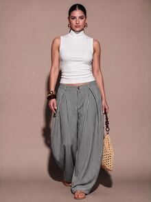 SHEIN BAE CURVE 大尺碼女款休閒波西米亞度假風黑白格紋紋理條紋寬鬆拼接長褲，適合外出、日常、萬聖節 - 黑色 - 查看 5