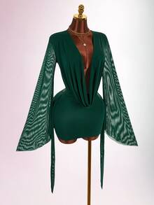 Amplova Romantic Vacation Earthy Tone Low-Cut Draping Collar, Flared Sleeves, Bodycon Mini Dress - Dark Green - View 8