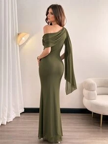 SHEIN Tall 女款優雅純色不對稱肩長洋裝，舞會晚宴正式夏季婚禮賓客穿著，深棕色，高挑顯長 - 軍綠色 - 查看 3