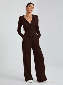 SHEIN Tall 休閒街頭風灰色連帽前中拉鍊修身上衣 + 寬腿長褲兩件套，適合高個女性 - 咖啡棕 - 查看 4