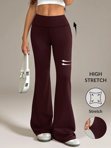 SHEIN Tall 女款高腰彈性瑜伽褲，修身健身緊身褲 深褐色休閒運動風，適合高個子女性健身房秋季穿著 - 紫紅色 - 查看 10
