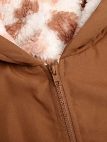 SHEIN Tween女孩兒童冬季棕色花卉保暖內裡拉鍊連帽外套，彈性腰頭，加厚休閒通勤秋冬外套 - 棕色 - 查看 8