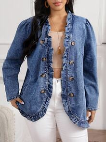 SHEIN CURVE+ Plus Size Women's Long Sleeve Double-Breasted Frill Trim Casual Denim Jacket - Blue - View 7