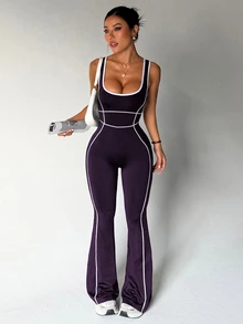 SHEIN Sports 女款瑜伽戶外健身連身褲，寬肩帶緊身顯瘦喇叭褲，對比色條紋設計 - Bold Plum - 查看 1