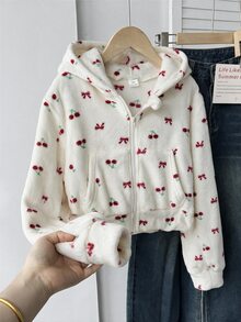 SHEIN 青少年女孩寬鬆休閒極簡舒適日常街頭風連帽修身口袋拉鍊短款長袖衛衣外套 豹紋抓絨 - 彩色 - 查看 4
