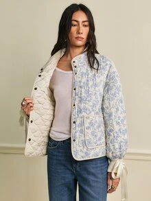 SHEIN Women's Floral Print Drop Shoulder Long Sleeve Single-Breasted Winter Coat - Multicolor - View 3