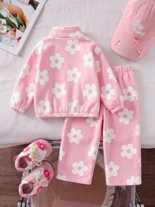 SHEIN 女童卡其棕豹紋保暖內裡兩件套，半拉鍊立領上衣 + 寬腿褲 - 彩色 - 查看 2