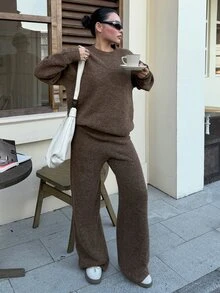DAZY Women's Solid Color Long Sleeve Top And Pants Knit 2 Pieces Set - Brown - View 2