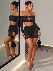 SHEIN BamGlam Women's Off-Shoulder Long Sleeve Cutout Design Cropped Top And Shorts Sexy Set - Black - View 4