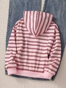 SHEIN 女童條紋連帽拉鍊外套，春秋新款寬鬆落肩長袖運動衫，粉色與棕色對比橫條紋設計，袋鼠口袋配羅紋下擺與袖口，柔軟親膚面料，休閒日常百搭，適合中大女童校園、旅行、戶外穿著的運動上衣 - 粉色 - 查看 6