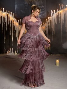 Glamrae Plus Size Elegant Luxurious Lotus Pink Beaded Embroidered Patchwork Multi-Layer Tassel 2 Pieces Shawl Fitted Mermaid Hem Heavy Work Evening Gown Suitable For Wedding, Event, Party, Ball, Vacation, Guest Dress - Dusty Pink - View 7