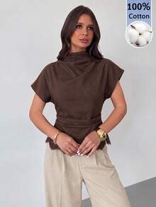 Firerie Women's Brown 100% Cotton Asymmetric Sleeve Ruched Waist Pleated Collar Blouse, All Season - Brown - View 6