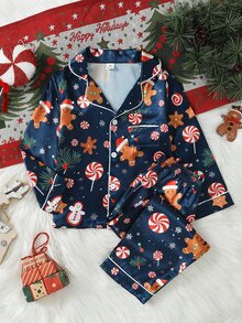 Young Boy Autumn/Winter Pajamas 2pcs Gingerbread Man Satin Long Sleeve Pants Lapel Print Christmas Blue Flame Resistant - Navy Blue - View 5