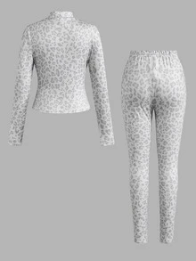 SHEIN Tween Girls Autumn/Winter Grey Kids Leopard Print Patchwork White Knit Sports Set 2pcs Jacket Cardigan + Pants Casual Comfortable Versatile Daily Wear - Grey - View 2