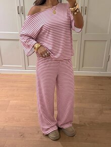 Siren Gaze Women's Striped Cold Shoulder Dropped Sleeve T-Shirt And Long Pants Casual Set - Pink - View 6