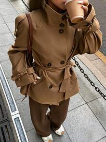 valorelle valorelle 休閒純色寬鬆繫腰長袖女款風衣 - 棕色 - 查看 1