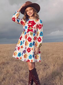Tween Girl Floral Pattern Bow Decor Round Neck Long Sleeve Cute Dress - Red - View 3