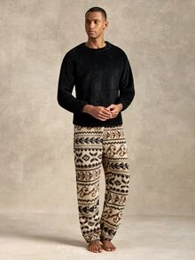 EverLounge Men's Minimalist Basic Black Double-Sided Fleece Top & Pattern Fleece Long Pants Loungewear Set, Autumn/Winter - Multicolor - View 4