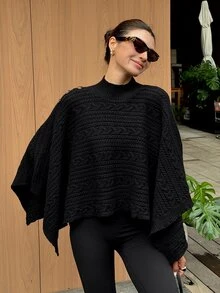 DAZY Women's Cable Knit High Neck Button Knit Top Streetwear - Black - View 4