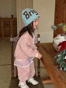 Dazy Kids Infant (Girl) Round Neck All-Over Heart Print Korean Style Long Sleeve Sweatshirt Set - Baby Pink - View 7