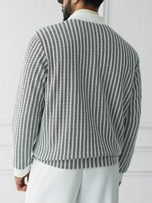 HUEFORM 男士白色半拉鍊立領針織毛衣，秋冬高級質感通勤復古菱格紋麻花編織休閒百搭長袖套頭衫 - 黑與白 - 查看 2