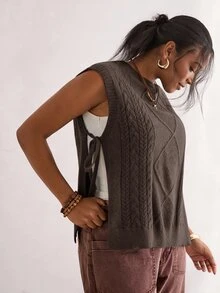 SHEIN VCAY Plus Size Women's Side Tie Waist Casual Daily Wear Knit Vest Winter - Coffee Brown - View 5