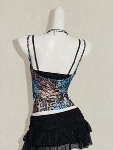 SHEIN ICON 女款豹紋透視細肩帶上衣搭配黑色蕾絲內衣 2件組 - 彩色 - 查看 2