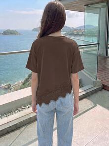 SHEIN Tween女孩 34%棉 素色圓領落肩短袖休閒寬鬆不對稱下擺T恤 夏季 - 棕色 - 查看 2