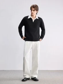 RONVEXI 男士拼接領假兩件式長袖套頭毛衣，休閒針織秋冬服飾，黑色寬鬆時尚通勤穿搭，百搭翻領套頭毛衣 - 黑色 - 查看 5