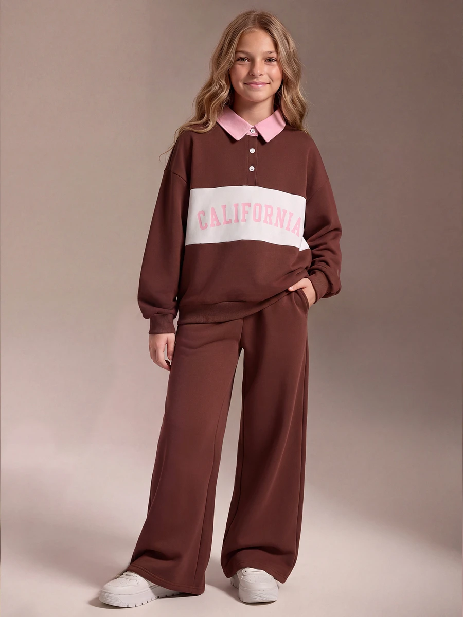 SHEIN 青少年女孩 2 件套棕色運動衫套裝,棕色與白色拼接,粉色字母圖案,學院風領口長袖套頭運動衫,厚實保暖舒適,搭配休閒寬鬆直筒長褲,適合運動、休閒、上學、通勤、瑜伽、訓練、聖誕節、萬聖節 - 棕色 - 查看 1