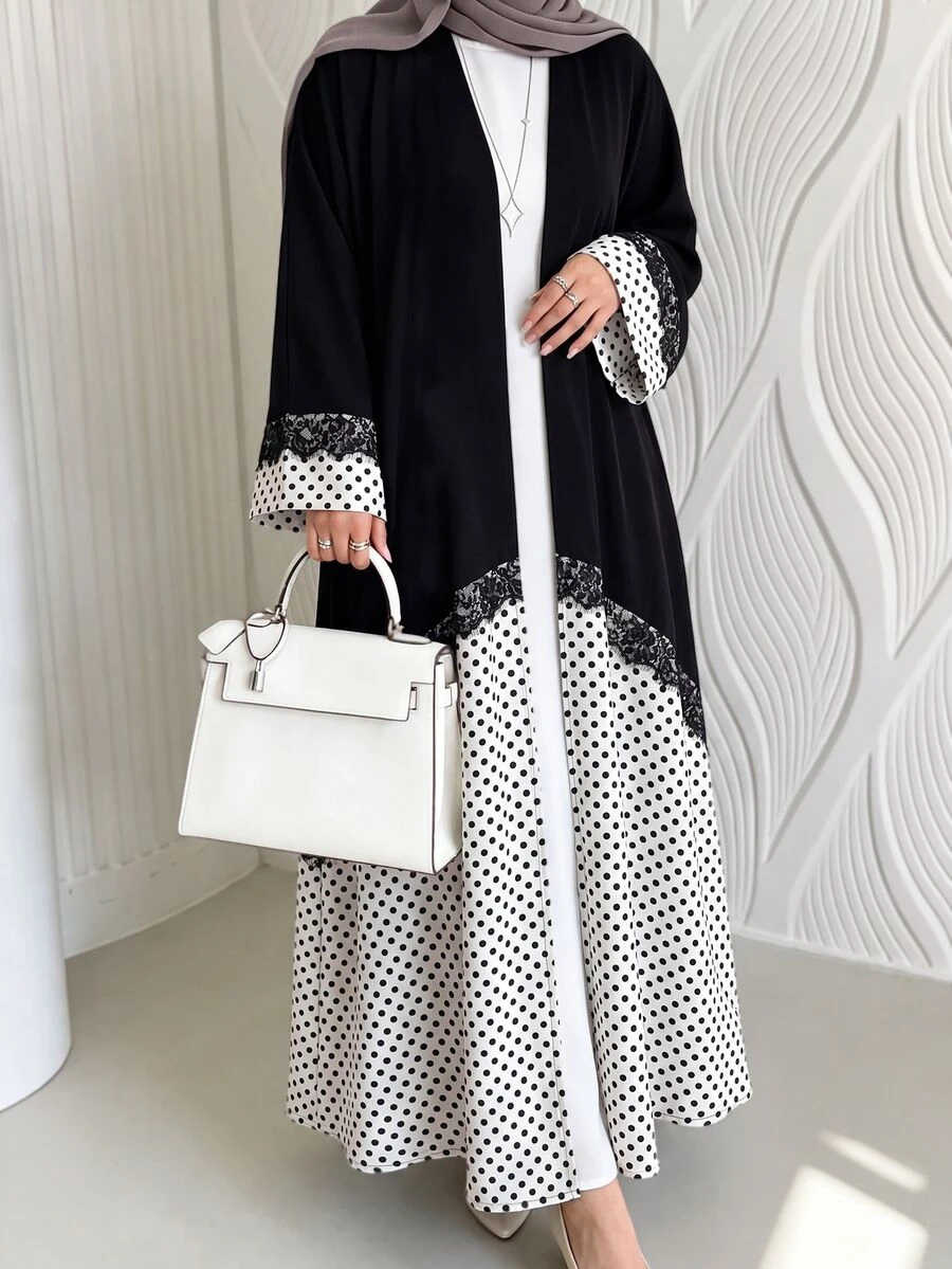 Al Najma Abaya Arab Elegan Motif Polkadot Warna Kontras dengan Hiasan Renda, Cocok untuk Acara Musim Dingin. - MultiWarna - View 1