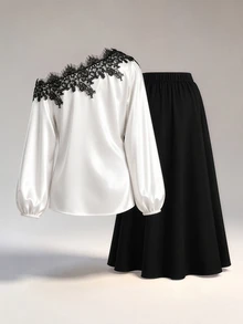 Easura Casual 2-delat set för kvinnor i plus size med spets, patchwork, asymmetrisk axel, topp och kjol för hösten - Multifärgad - Visa 10