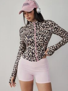 Dewbera Dewbera 2026 Autumn/Winter New Style Button-Up Long-Sleeved Crop Top With Leopard And Animal Print, Pink Contrast Design Yoga Jacket Coat, Suitable For Outdoo - Multicolor - View 6