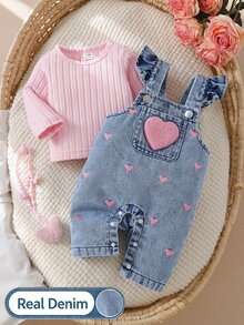 SHEIN 2件組女嬰甜美可愛風3D毛絨愛心刺繡長袖內搭上衣搭配無袖荷葉邊肩帶長褲，適合日常外出，春秋新品，0-12個月 - 彩色 - 查看 4